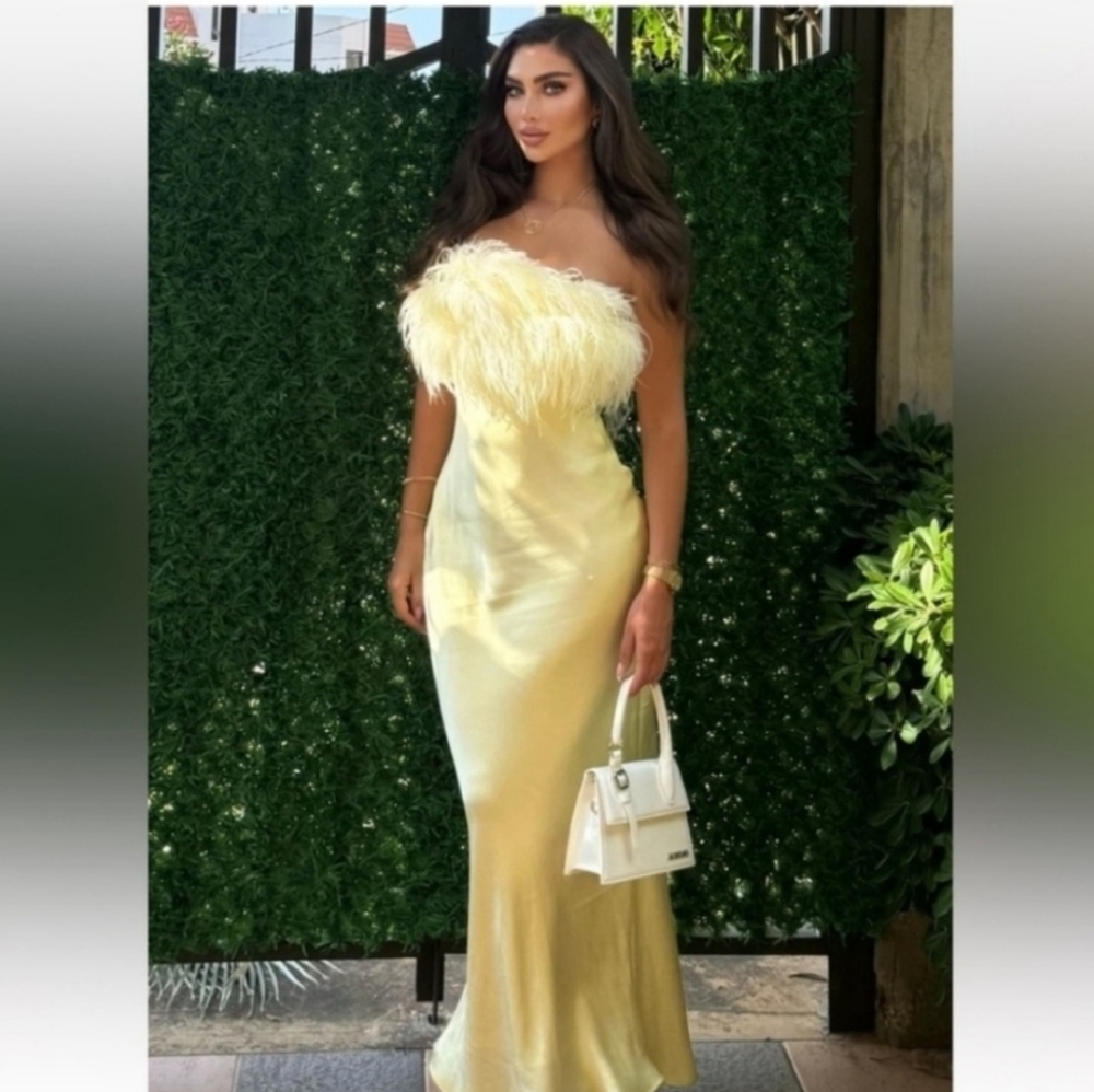 Zara Feathered Satin Midi Dress Yellow Size L - Picture 11 of 16